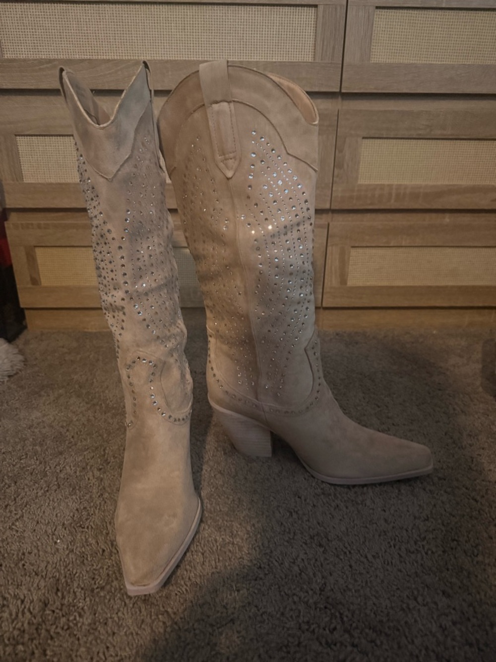 Mi.iM Taupe Bling Studded Western Knee-High Boots